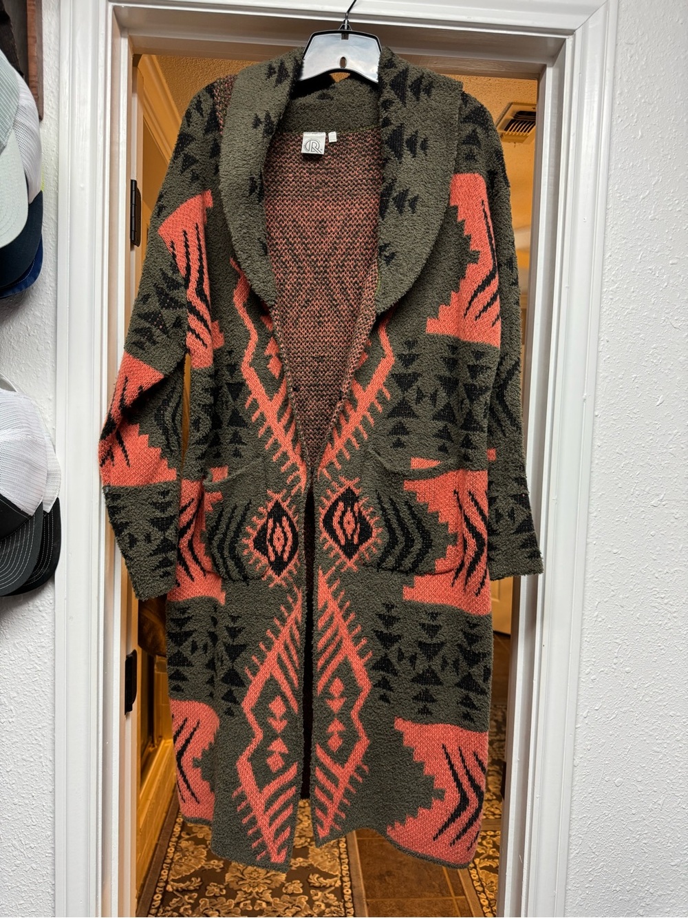 Cozy Aztec Open-Front Cardigan Sweater - Olive & Coral